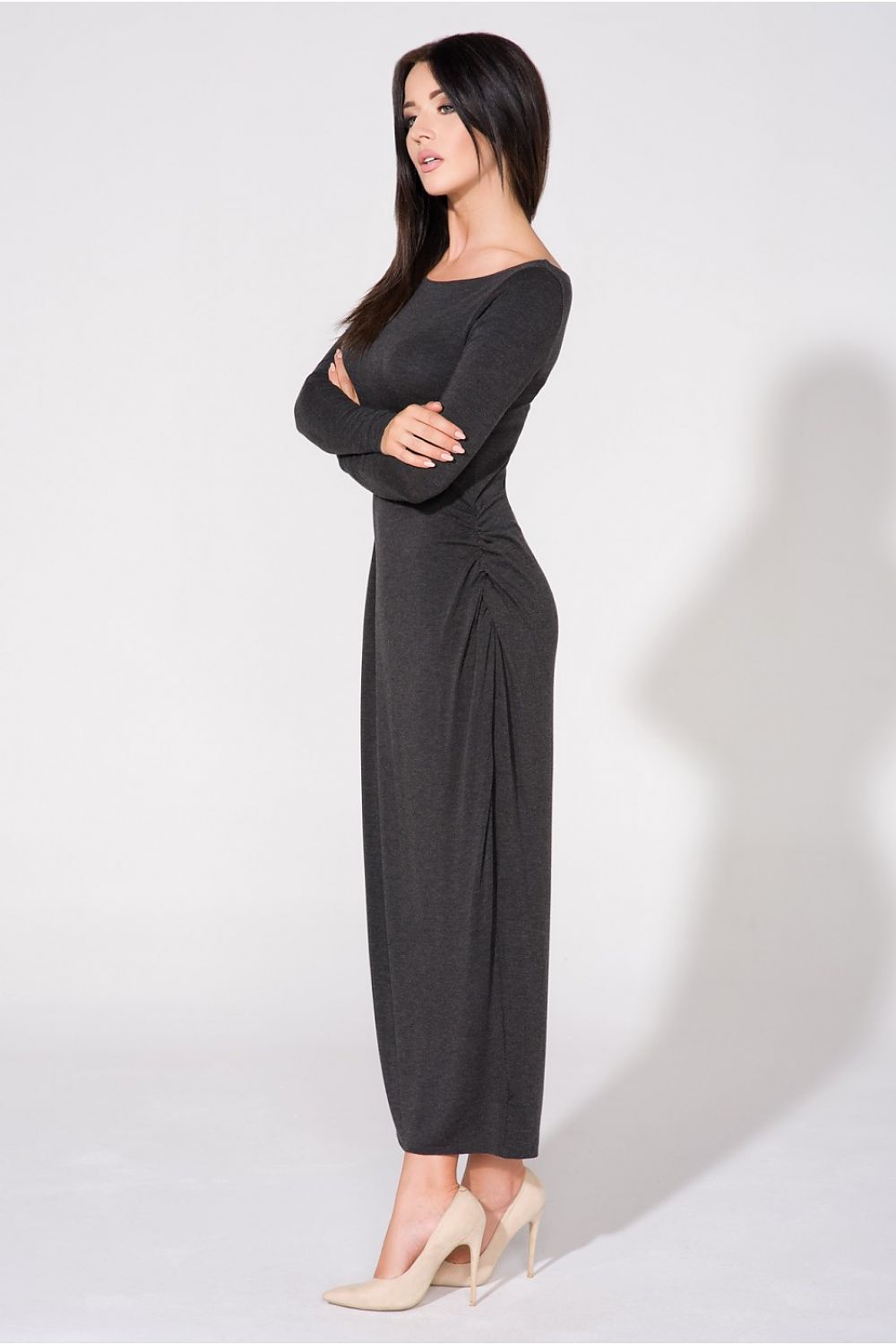 Elegant Tessita Evening Dress With Flowy Knit And Drape Neckline featuring luxurious fabric perfect for special occasions, available in sizes S to XXL.
