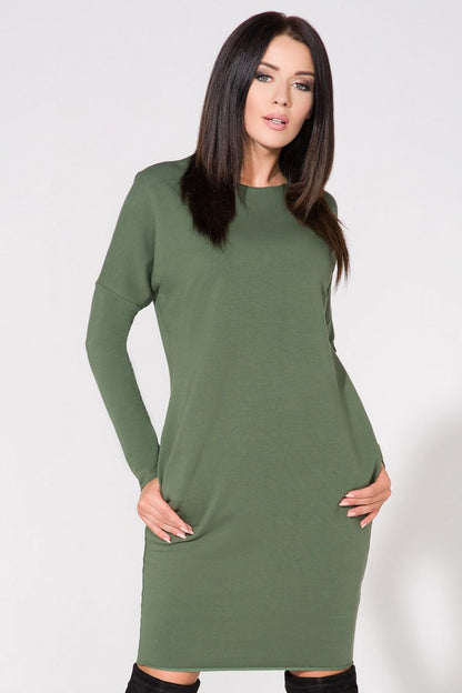 Elegant cotton blend frock, Chic Evening Dress with Pockets and Raw Edge Detail by Tessita, showcasing a stylish design with unique collar and raw edges perfect for sophisticated occasions.