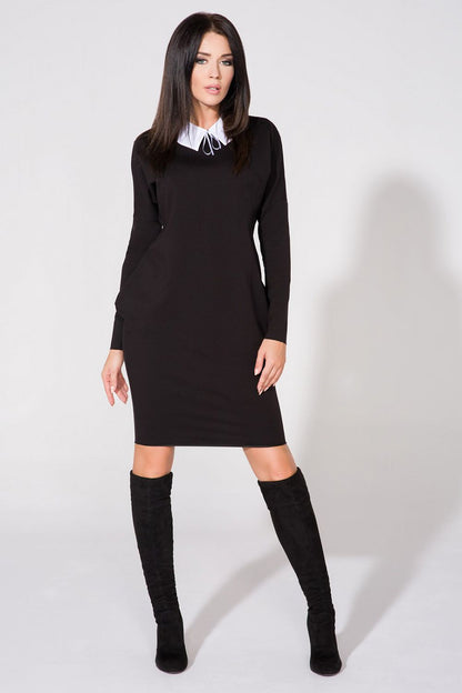 Back view of Chic Evening Dress with Pockets and Raw Edge Detail by Tessita, displaying the elegant collar and chic design.