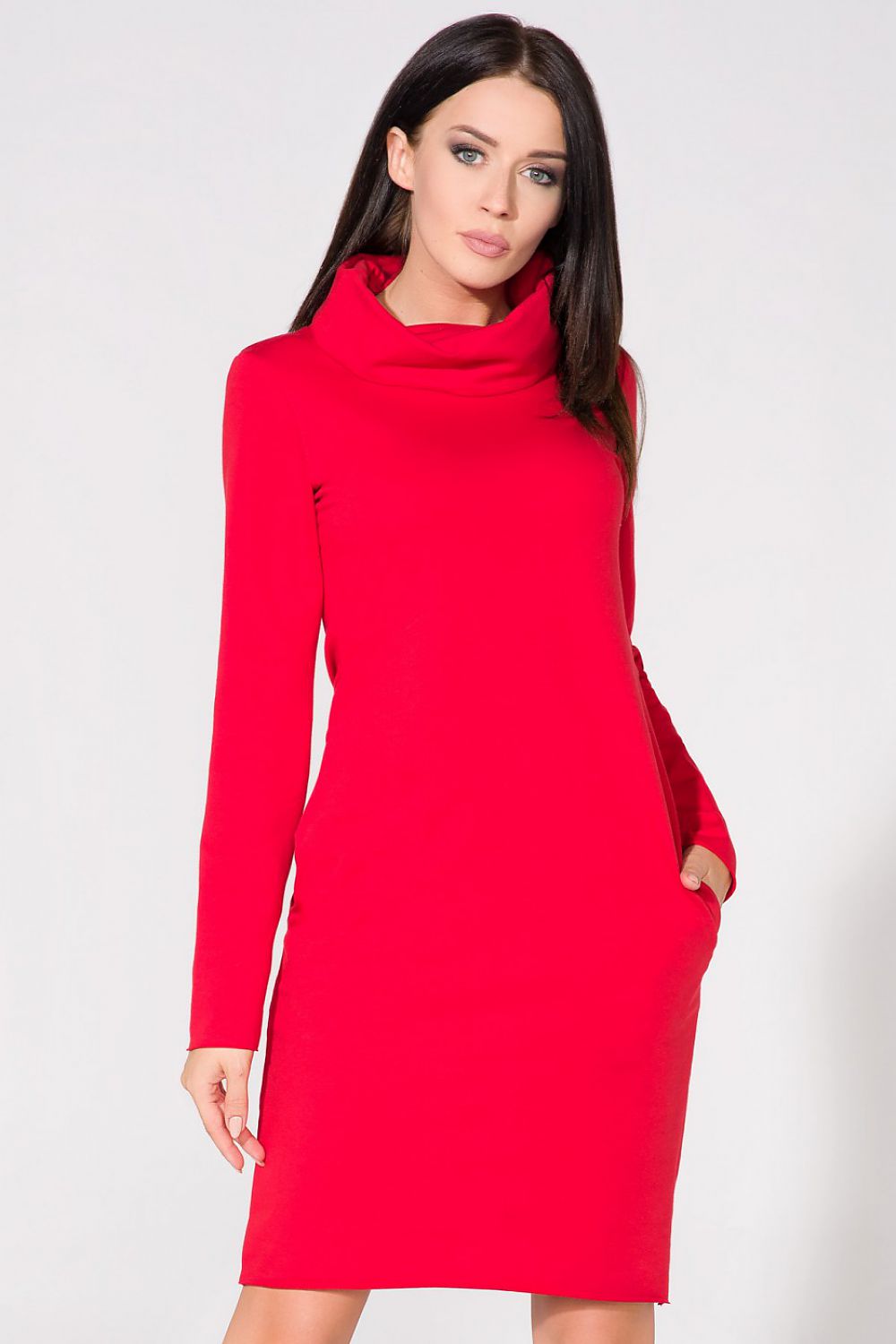Elegant Knit Dress with Raw Edges and Seam Pockets by Tessita - Exquisite knit fabric with a stylish chimney neckline.