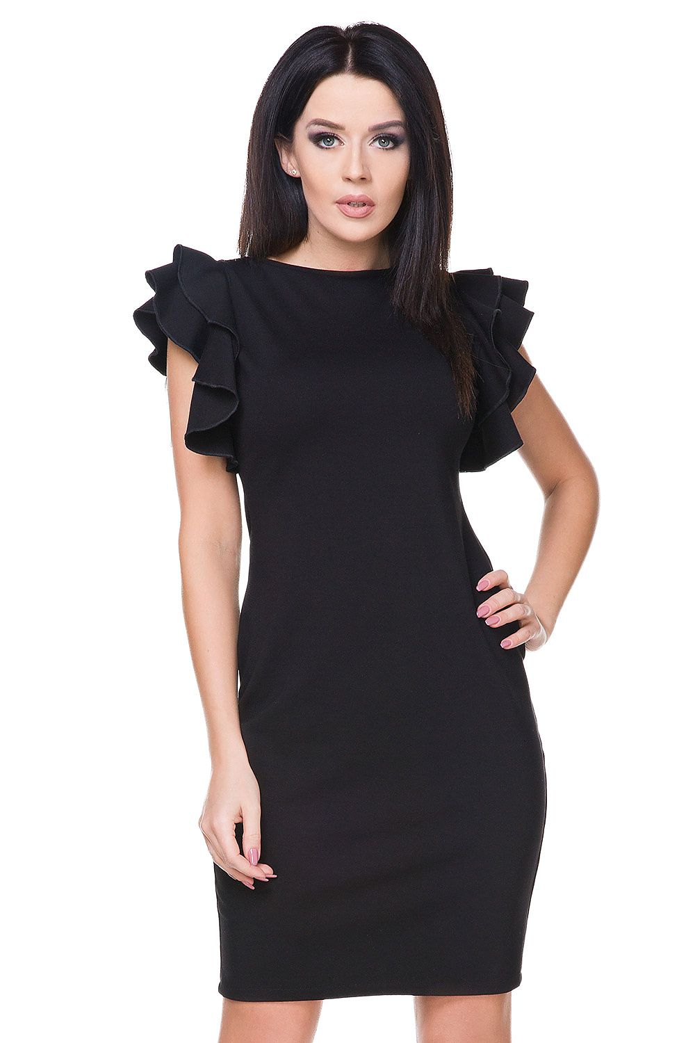 Tessita Elegant Evening Dress With Frill Sleeves in luxurious knitted fabric, perfect for formal occasions.