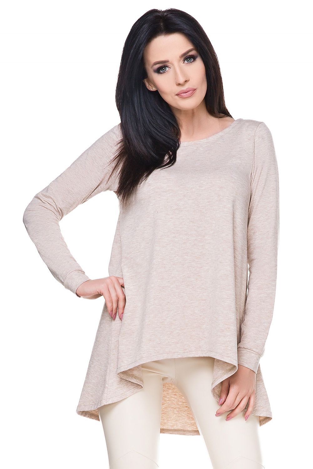 Luxury Soft Knitwear Blouse With Shiny Gold Thread by Tessita, showcasing a loose-fitting tunic style, perfect for an elegant look.