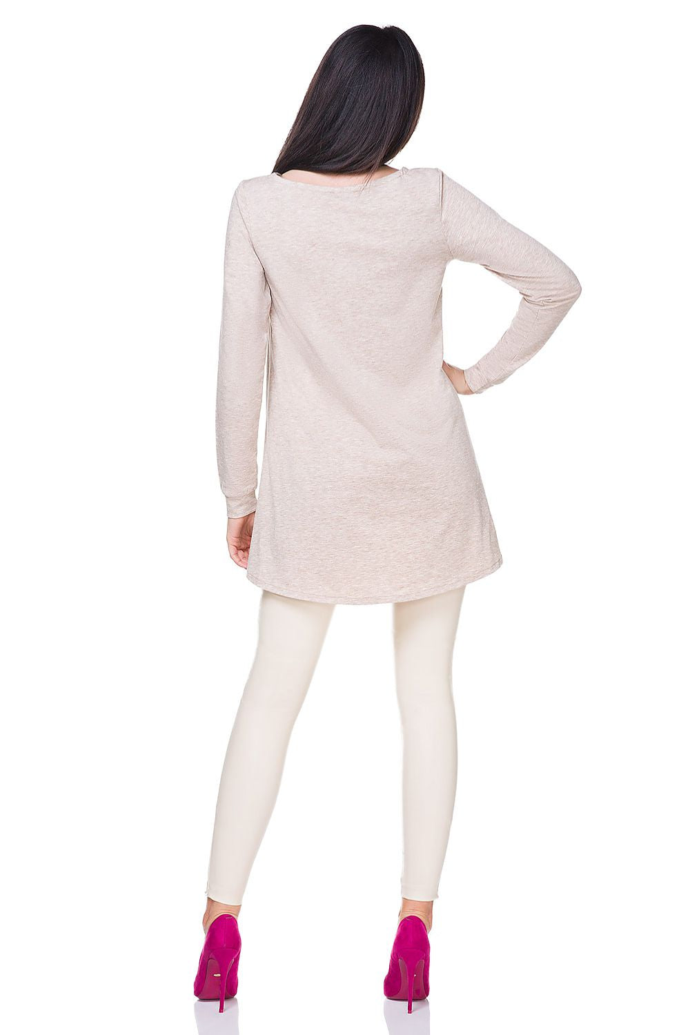 Model wearing the Luxury Soft Knitwear Blouse With Shiny Gold Thread by Tessita, styled as a chic loose-fitting tunic for sophisticated occasions.