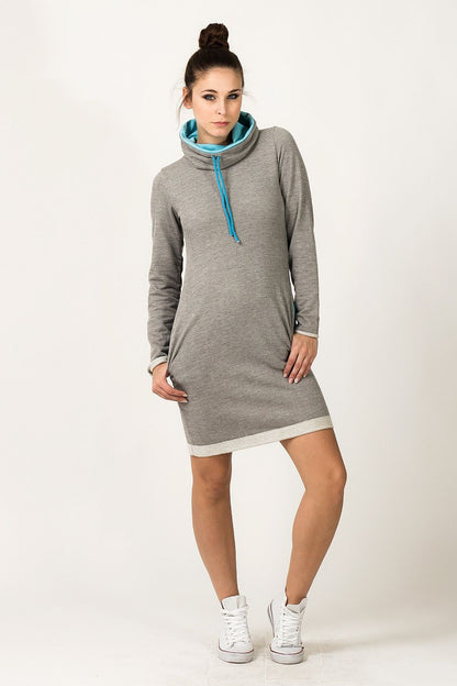 Stylish Tessita Daydress showcasing a unique blend of colourful sweatshirt material with a contrasting chimney collar for sophisticated comfort.
