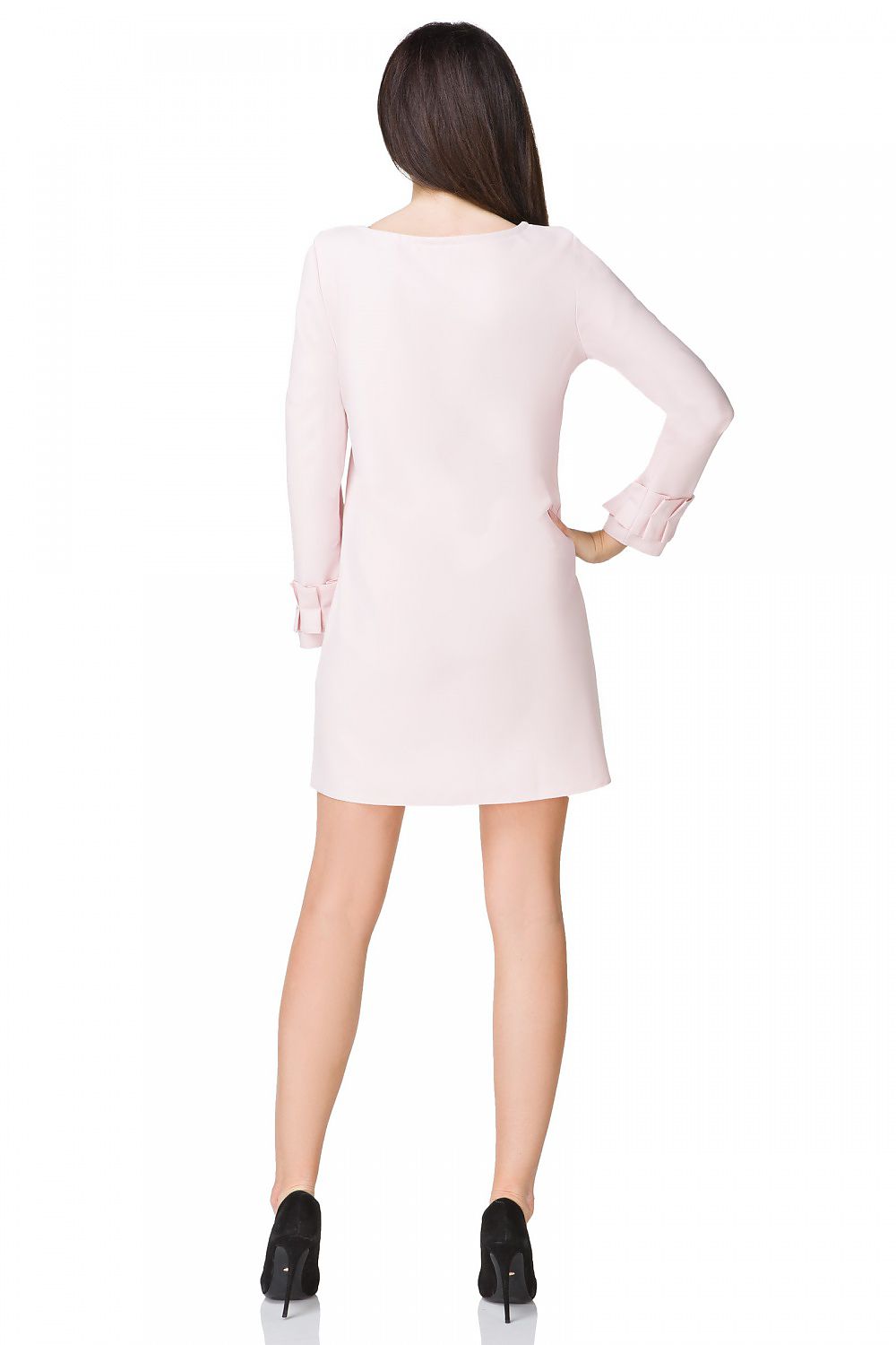 Beautifully styled Elegant Mini Dress with Trapeze Cut, Drape Neckline and Frilled Long Sleeves by Tessita, perfect for upscale occasions.