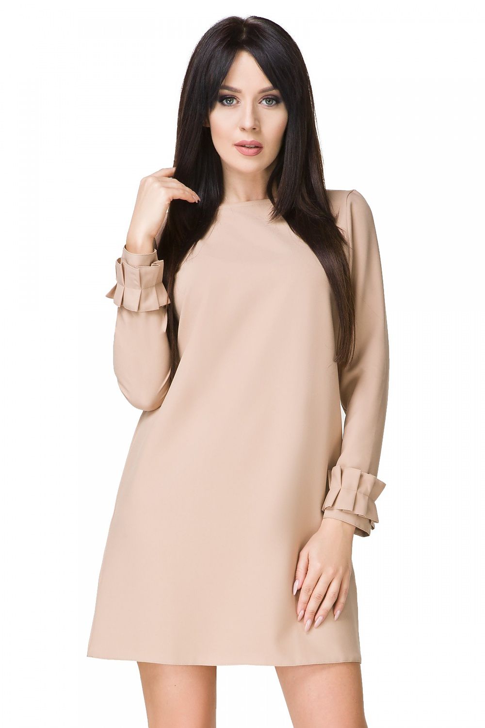 Elegant Mini Dress with Trapeze Cut, Drape Neckline and Frilled Long Sleeves by Tessita - Close-up of the drape neckline and frilled sleeves for a sophisticated look.