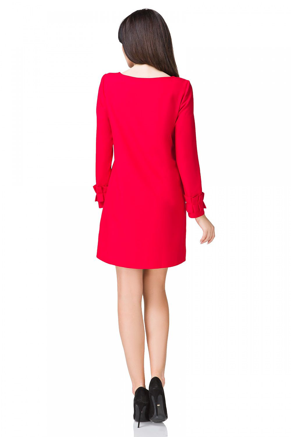 Close-up view of the Elegant Mini Dress featuring a Trapeze Cut, Drape Neckline, and Frilled Long Sleeves by Tessita, highlighting intricate design details.