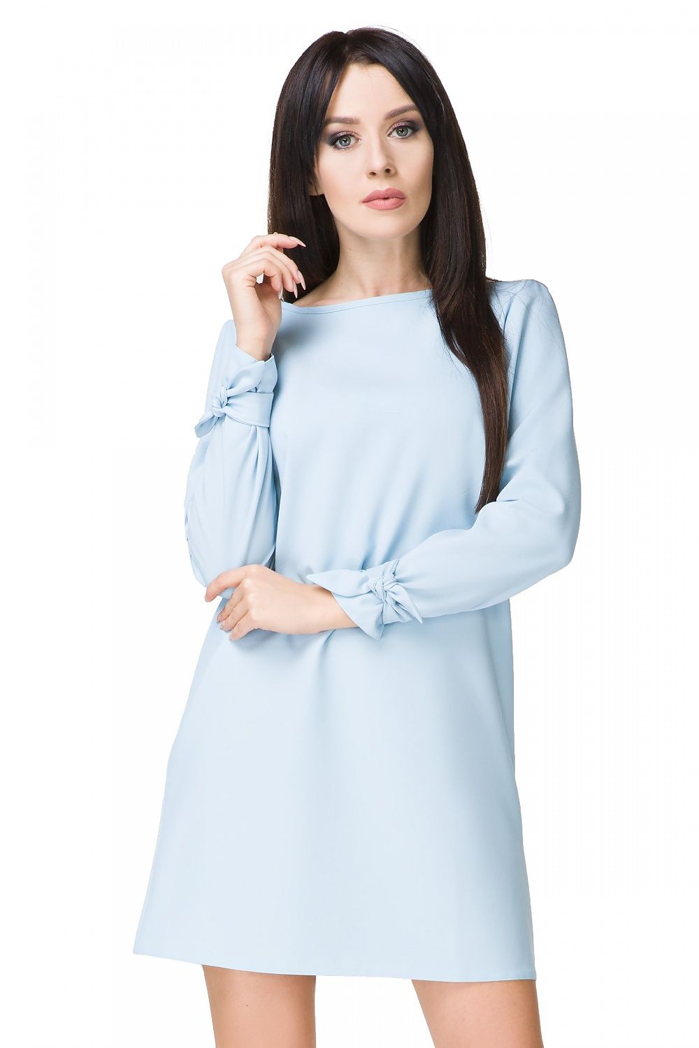 Elegant Mini Dress Tessita with Boat Neckline, Long Sleeves & Decorative Tie showcased in luxurious fabric, perfect for any occasion.