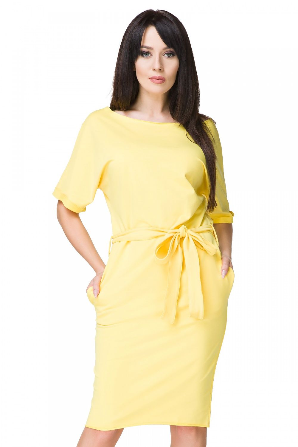 Tessita Elegant Kimono Dress with Waist Tie, Side Pockets and Elbow-Length Sleeves, showcasing luxurious knitwear perfect for summer outings.