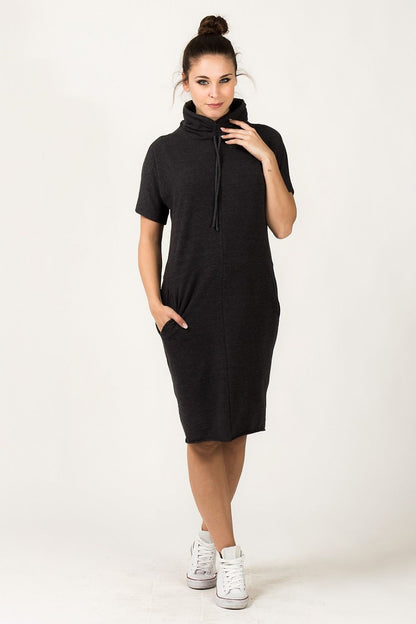 Chic Tessita Luxury Knit Turtleneck Daydress with Pockets, short sleeves and a loose fit perfect for casual yet stylish ensembles.