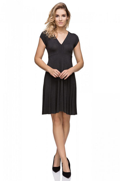 Elegant Knitted Evening Dress by Tessita featuring a deep V neckline, crafted for a luxurious silhouette with a flared bottom, perfect for special occasions.