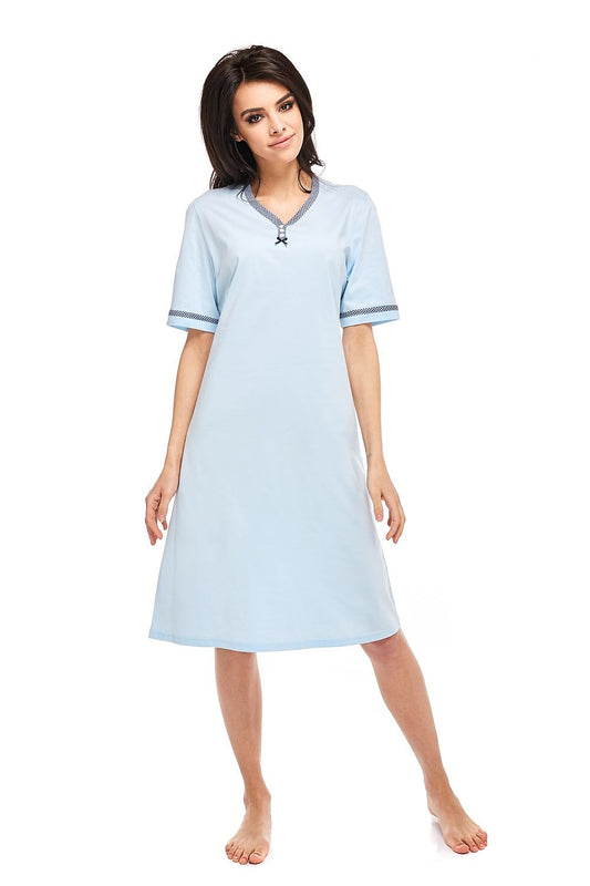 Luxurious Betina Elegant A-Line Nightshirt in soft blue cotton, featuring a delicate satin bow and decorative buttons, perfect for comfort and style.