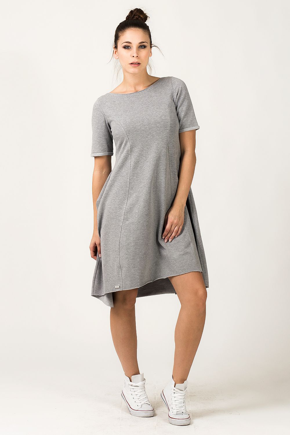 Elegant Tessita Grey Quilted Daydress featuring flared hem design, perfect for casual wear.