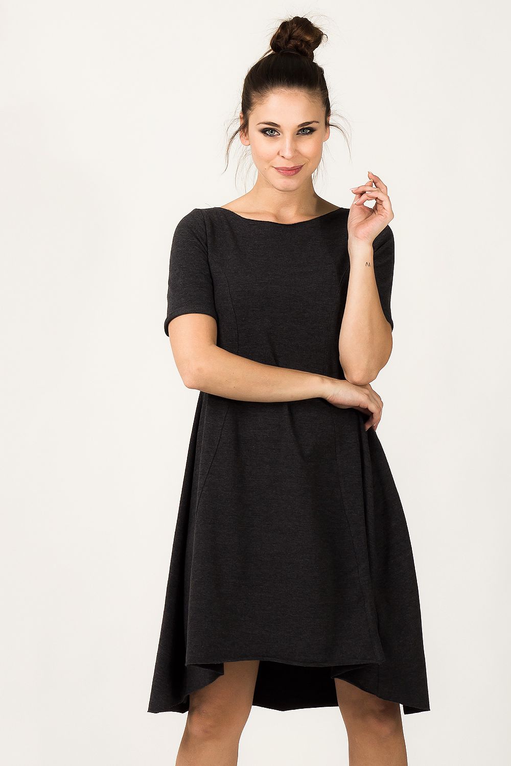 Tessita Grey Quilted Daydress showcasing elegant casual wear with flared hem and a unique design, perfect for everyday comfort.