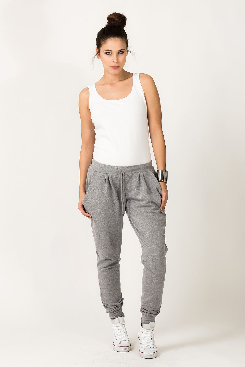Elegant view of Tessita Luxury Light Grey Tracksuit Trousers featuring wide ribbed cuffs, perfect for a chic loungewear look.