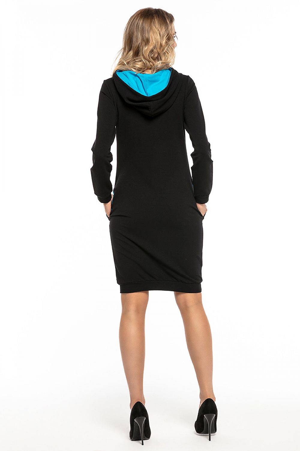 Chic detail of Tessita black sporty knit dress highlighting the contrasting pocket and hood design, embodying a blend of comfort and luxury in sizes XS through XXXL.