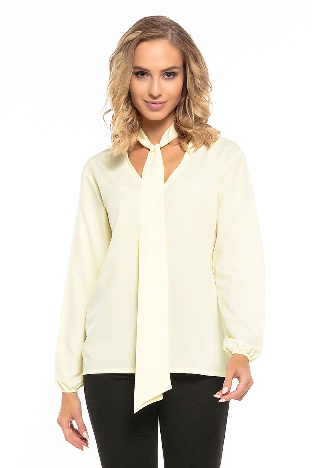 Elegant chiffon blouse by Tessita featuring a deep neckline and elastic sleeves, perfect for sophisticated styling.