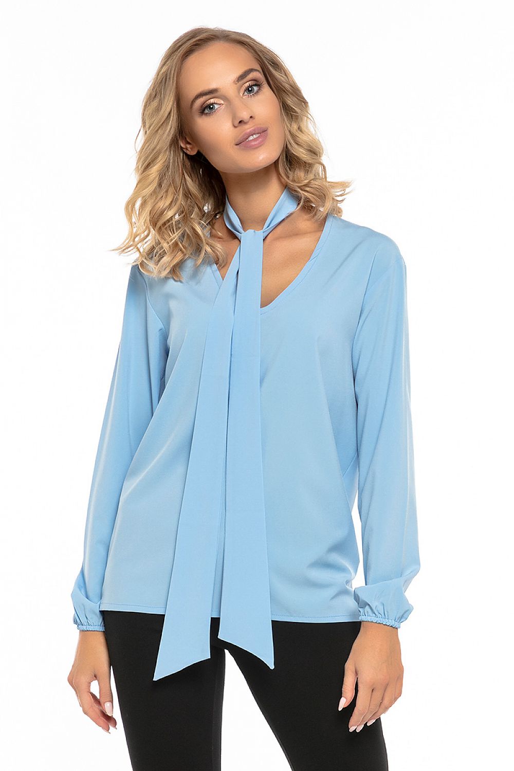 Chic deep neckline chiffon blouse by Tessita showcasing delicate details and elastic sleeve detailing.