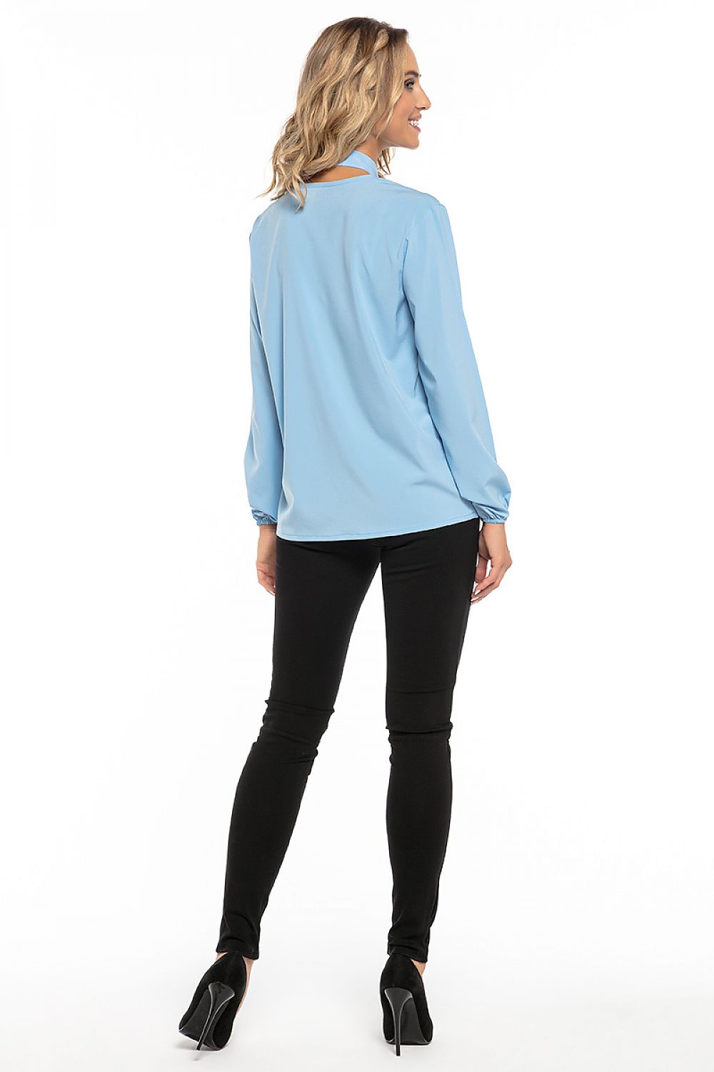 Elegant Tessita chiffon blouse highlighting a deep neckline and fashion-forward elastic sleeve design.