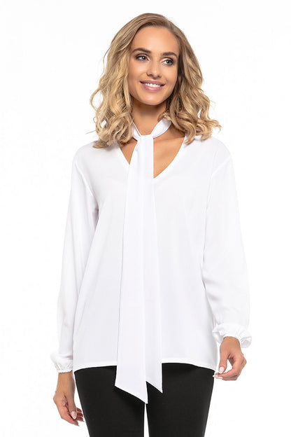 Sophisticated chiffon blouse by Tessita featuring a deep neckline, elastic sleeves, and timeless elegance.