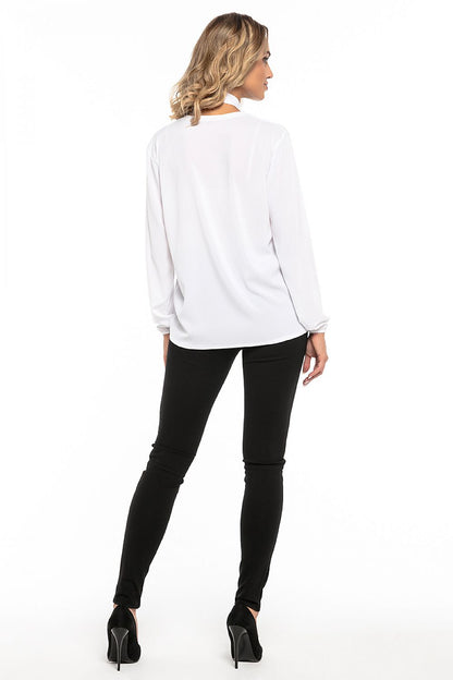 Front view of sophisticated Tessita chiffon blouse featuring deep neckline and elegantly gathered elastic sleeves.