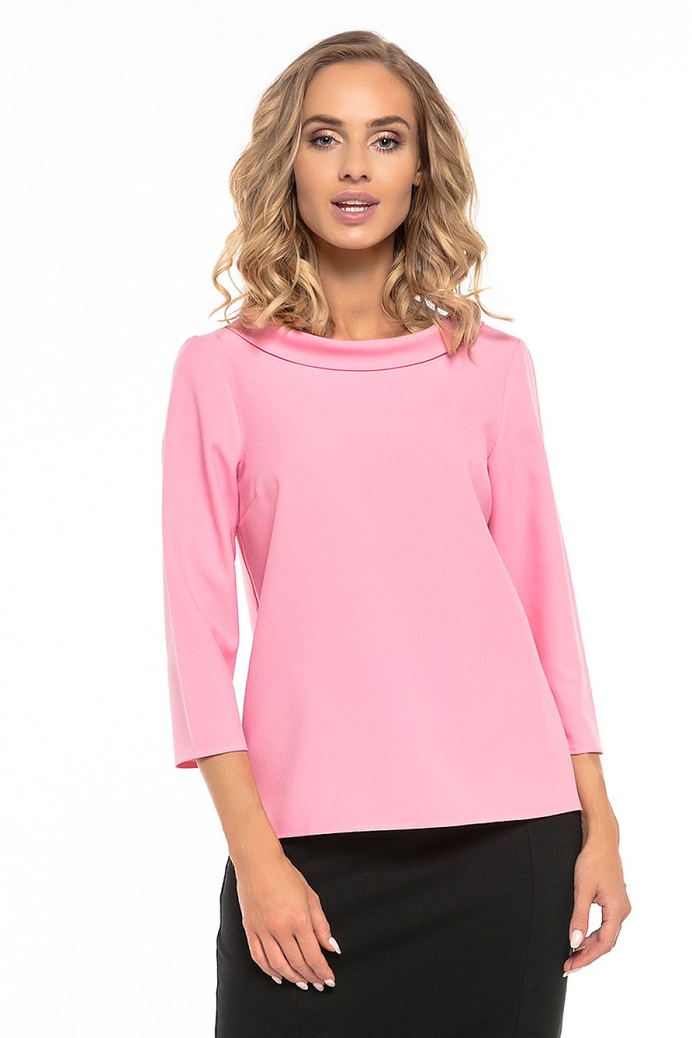 Front view of the Tessita elegant blouse, perfect for pairing with skirts or pants, highlighting its classy half-golf neckline and tailored fit.