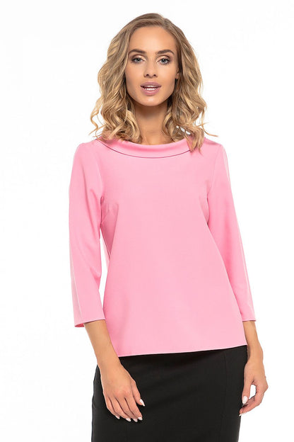 Front view of the Tessita elegant blouse, perfect for pairing with skirts or pants, highlighting its classy half-golf neckline and tailored fit.