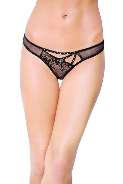 Stylish Luxe T-Back Thong in intricate lace and tulle by SoftLine Collection, enhanced with elegant gemstone detailing for a touch of glamour.