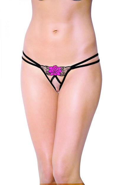 Luxury black decorative T-Back thong with pink floral stripes by SoftLine Collection, showcasing an elegant and unique design perfect for comfort and style.