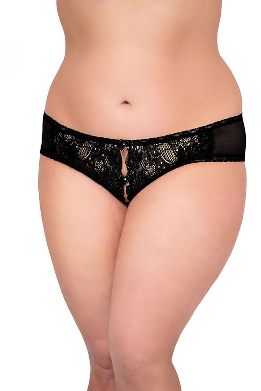 Luxury floral lace panties for fuller figures by SoftLine Collection, featuring elegant bows and a delicate tulle back.