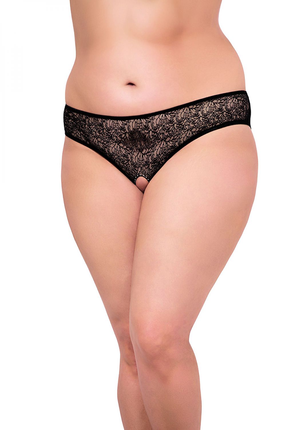 Luxurious plus size lace panties by SoftLine Collection featuring elegant floral patterns and a seductive open crotch design, perfect for enhancing your intimate wear collection.