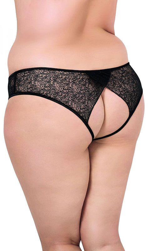 Luxe Plus Size Lace Panties by SoftLine Collection featuring intricate floral patterns and a seductive open crotch design, elegantly showcasing a rear cut-out for added allure.