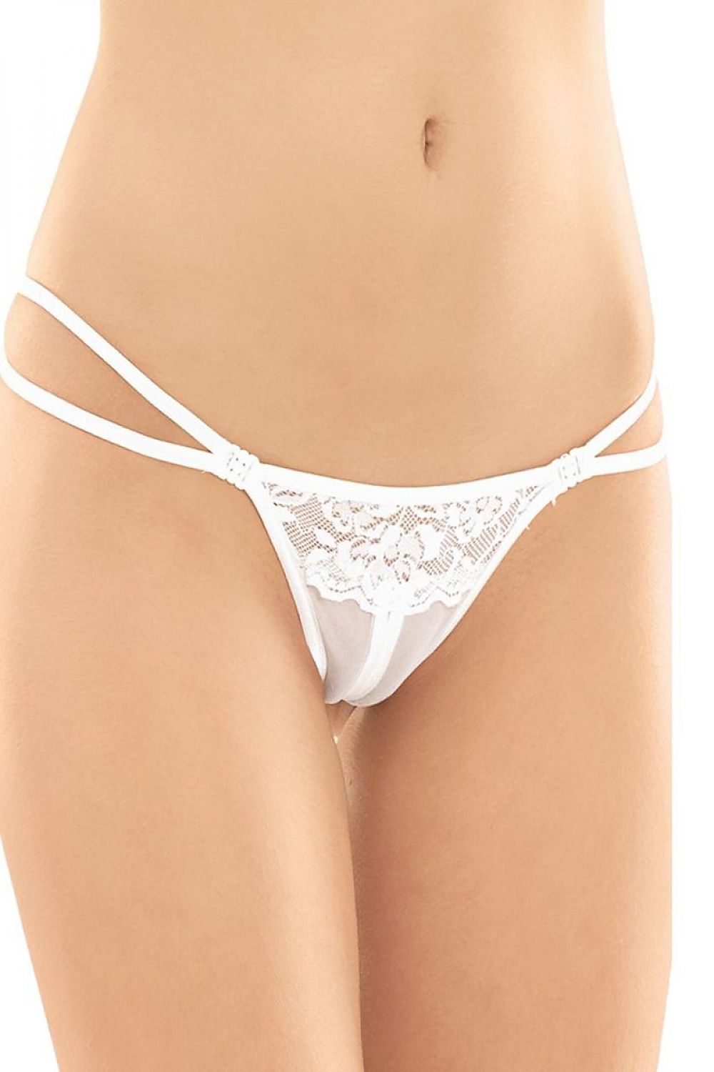 Luxurious white T-back panties by SoftLine Collection, featuring a seductive slit design and elegant front fastenings, made from delicate fabric for ultimate comfort.