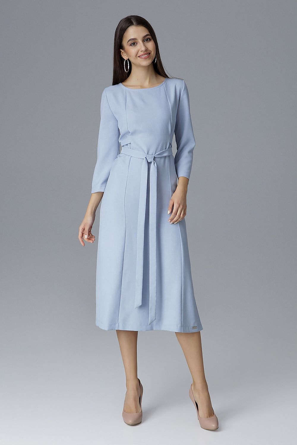 Luxury Figl Cocktail Dress with 3/4 sleeves, elegant waist tie, and stylish side slits, showcasing a chic silhouette for an exquisite evening look.