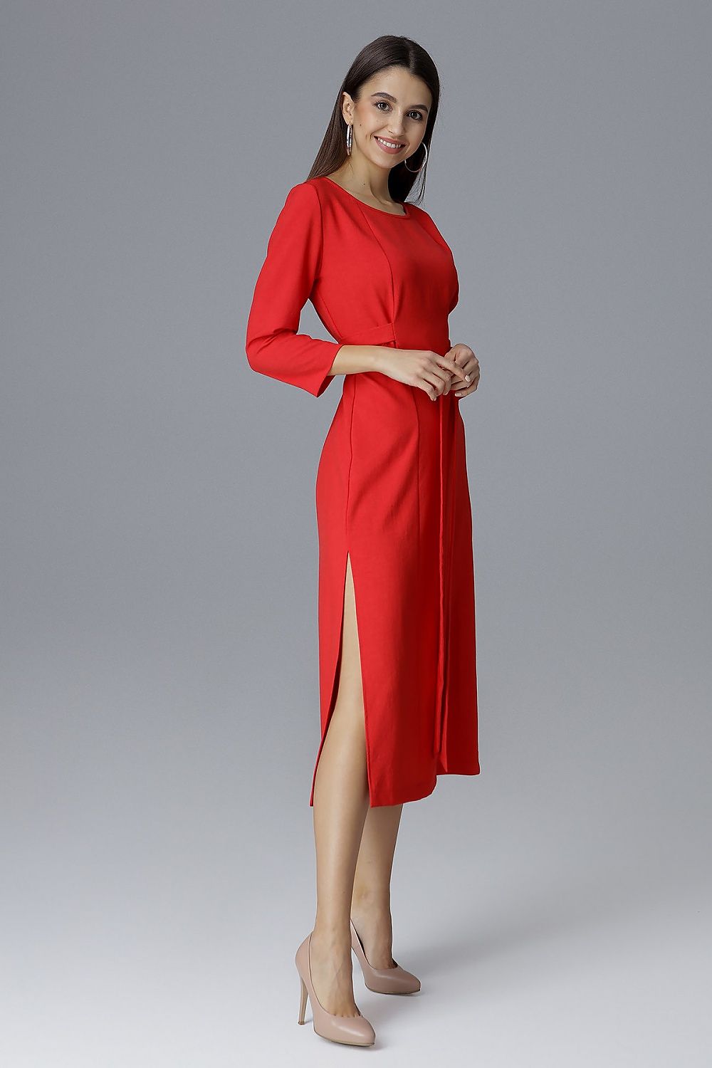 Stylish Figl Cocktail Dress with sophisticated 3/4 sleeves and a flattering waist tie, ideal for evening events.