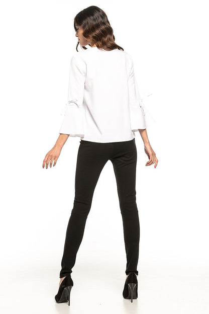 Elegant loose blouse with flirtatious frills and subtle V neckline by Tessita, ideal for a graceful, sophisticated look, crafted from 95% polyester and 5% spandex, perfect for diverse styling options.