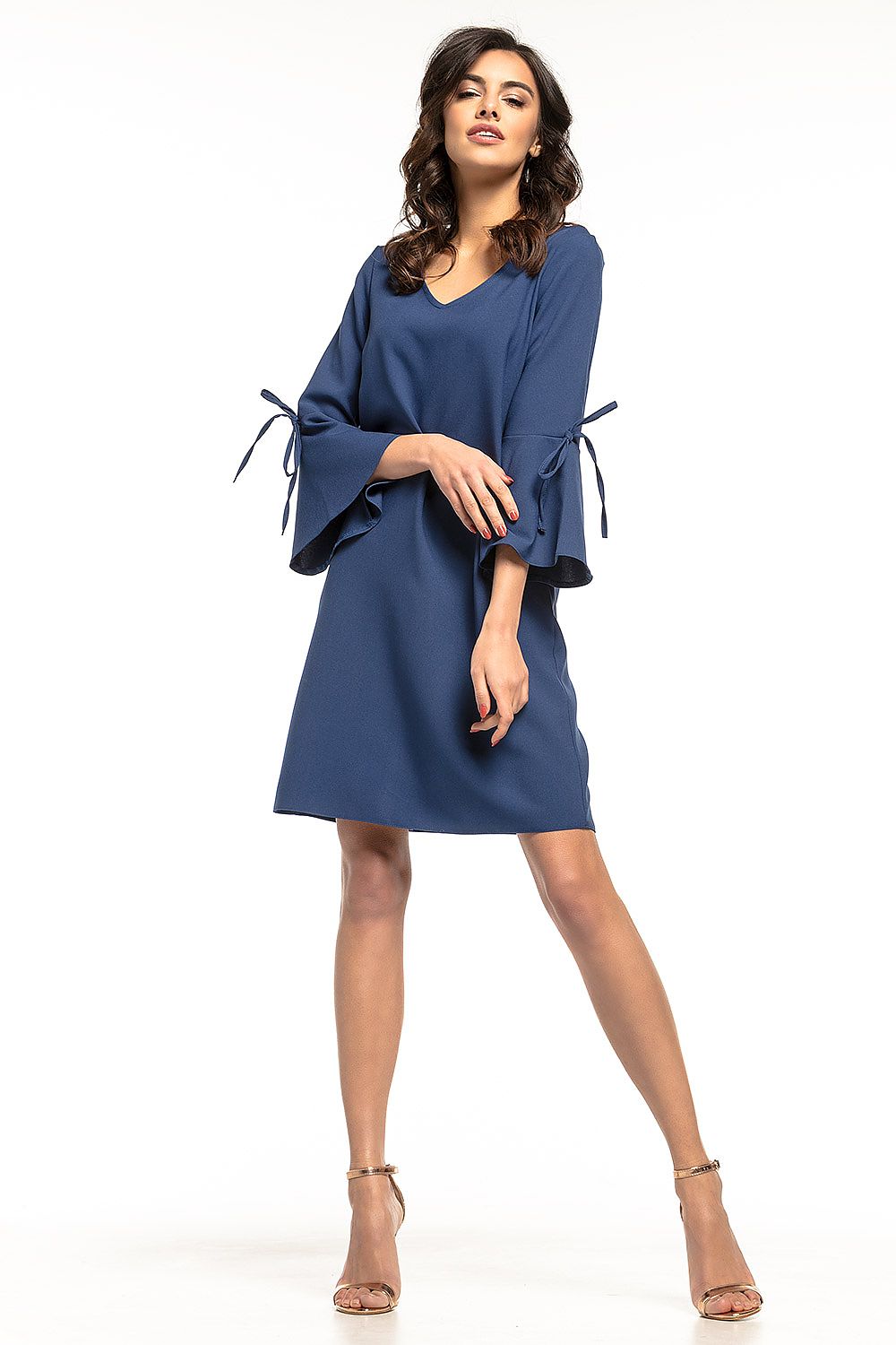 Stylish V-neckline and frill sleeves of the Tessita cocktail dress, embodying modern elegance.