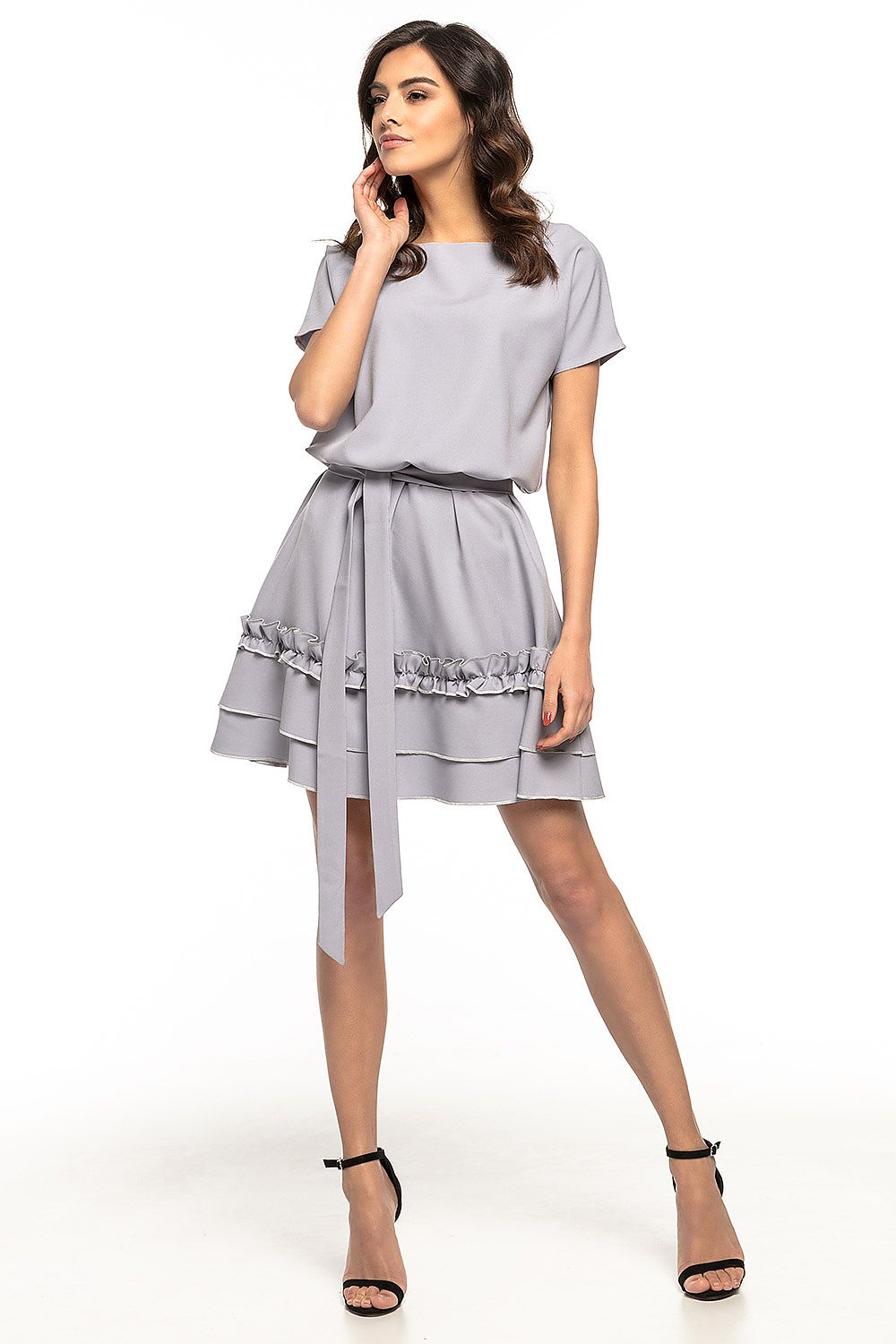 Elegant Tessita daydress featuring a kimono cut, flared skirt with double frills, and a stylish belt, perfect for special occasions.