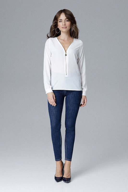 Luxury long-sleeve blouse with zipper by Lenitif, a chic top designed to pair perfectly with stylish 7/8 pants.