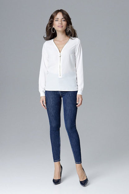 Sophisticated close-up of Lenitif's luxury blouse showcasing its elegant zipper detail, perfect for fashionable outfits.