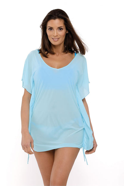Elegant Marko Beach Tunic with V neckline, featuring ruffles and side ties, perfect for a luxurious beach cover-up.