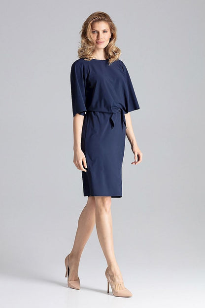 Close-up of the Elegant Knee-Length Daydress by Figl featuring the soft fabric texture and stylish round neckline.