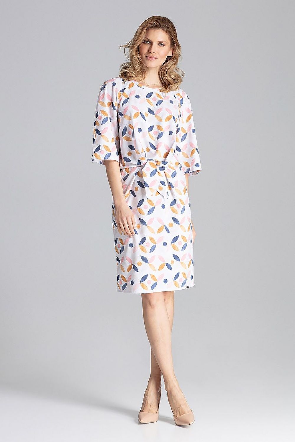 Elegant Knee-Length Daydress by Figl in various sizes, emphasising its versatility for all body shapes.