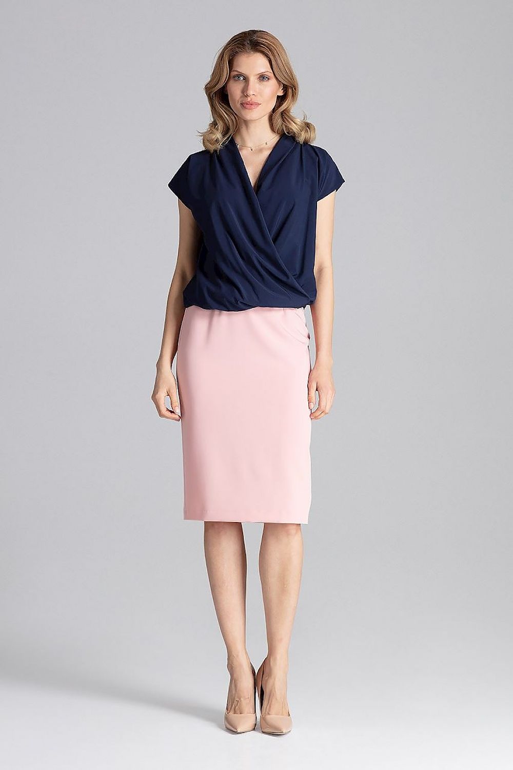 Close-up of the Elegant Figl Blouse With Envelope Neckline And Airy Fabric - Short Sleeves, Loose Fit, featuring the soft texture and refined stitching.