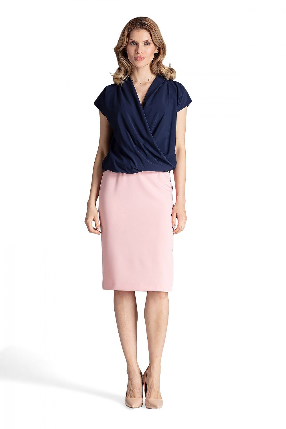 Model wearing the Elegant Figl Blouse With Envelope Neckline And Airy Fabric - Short Sleeves, Loose Fit, styled elegantly with tailored trousers.