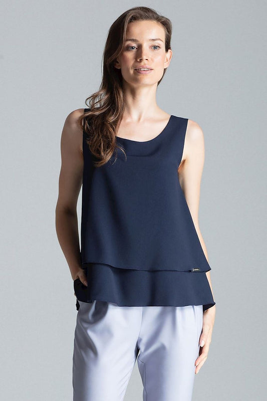 Elegant navy blue sleeveless Blouse Figl featuring a charming double layer design.