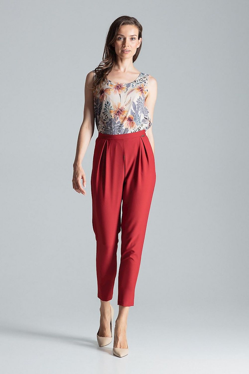 Sophisticated side view of burgundy classic trousers with pleats by Figl, tailored for women looking for chic elegance.