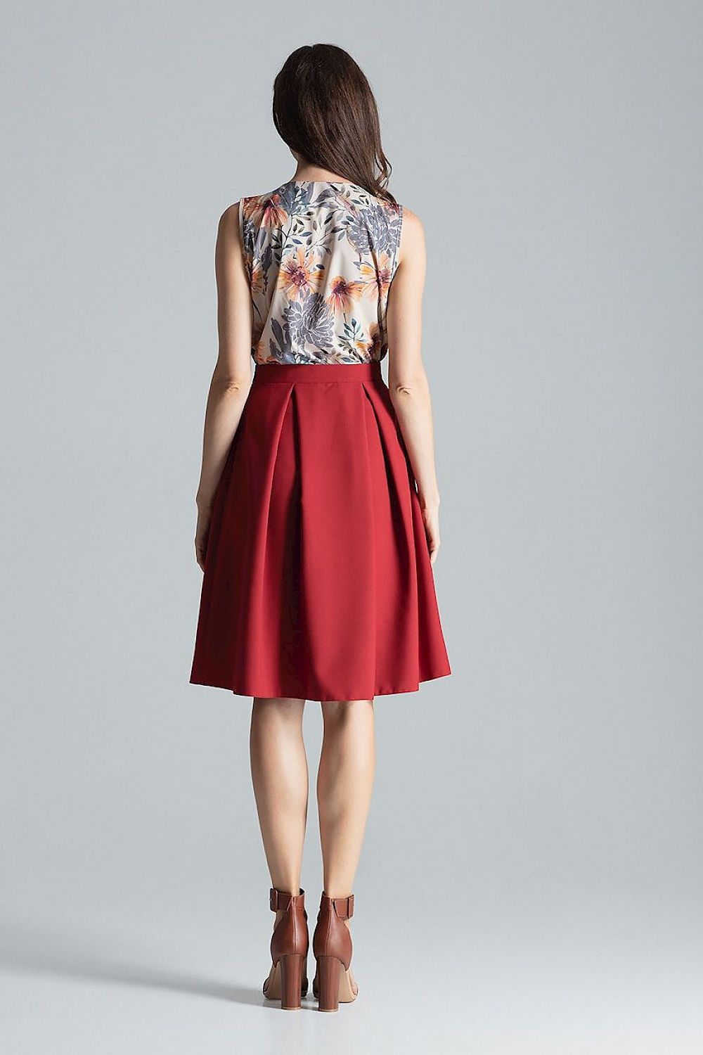 Elegant Burgundy Midi Skirt with Asymmetrical Slit by Figl, showcasing a luxurious polyester fabric and chic side zip closure.