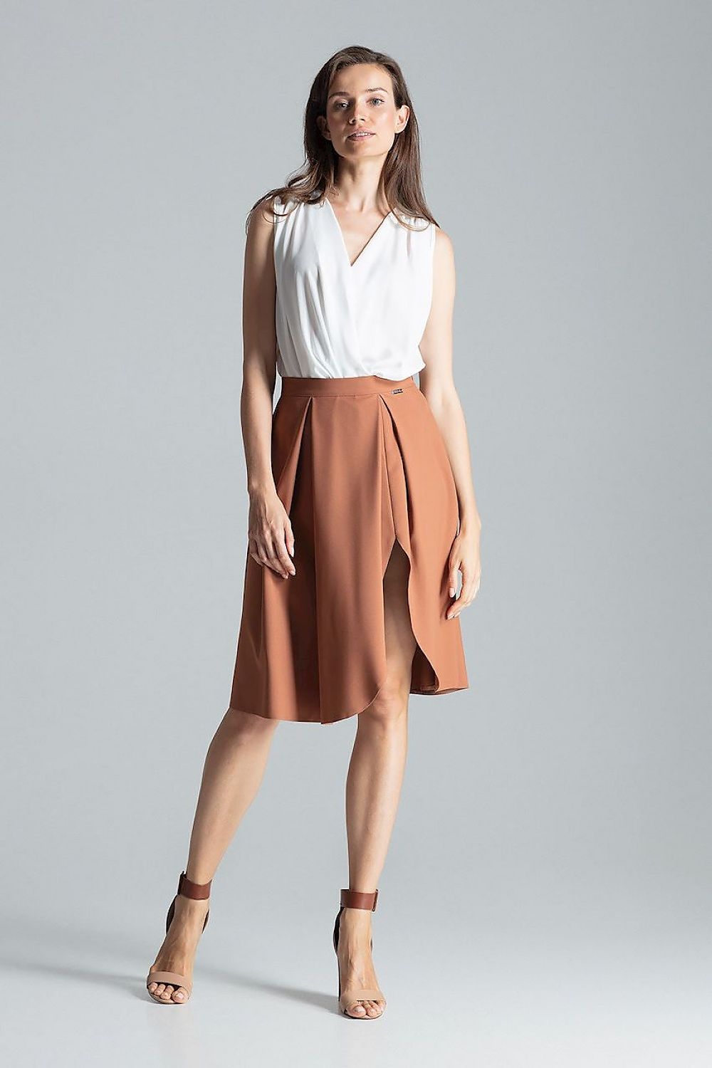 Elegant Burgundy Midi Skirt With Asymmetrical Slit by Figl, showcasing a luxurious side zip closure and sophisticated asymmetrical design.