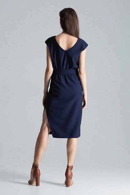 Stylish Burgundy Midi Dress featuring V-Neck and Waist Belt by Figl, designed with a luxurious asymmetrical slit for a chic look.